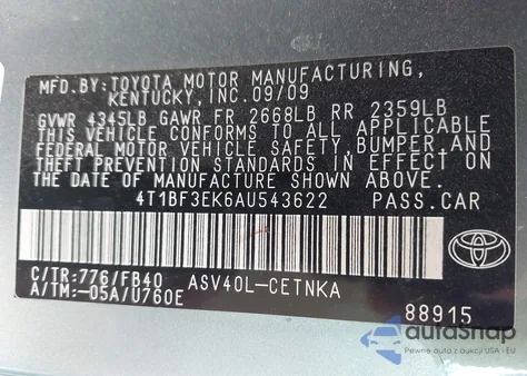2010 Toyota Camry Le z USA, uszkodzony, nr VIN 4T1BF3EK6AU543622